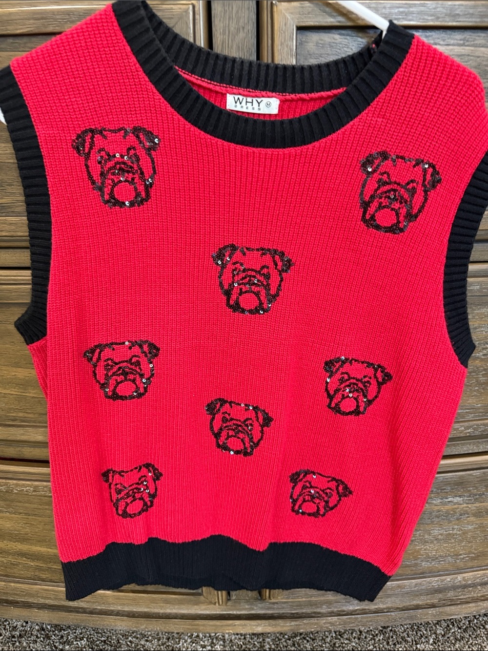 WHY Red Sleeveless Bulldog Knit Sweater Vest with Black Trim